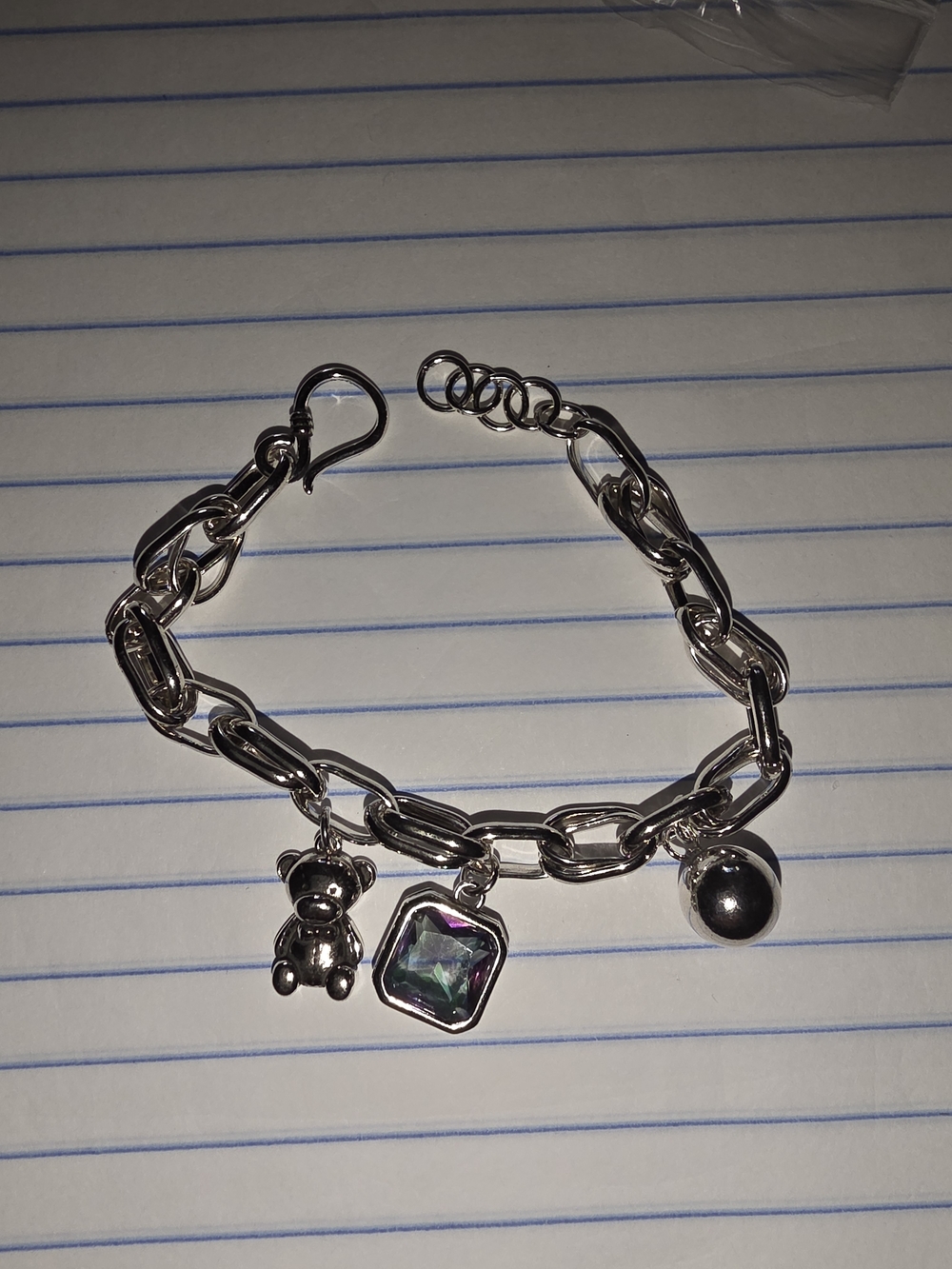Silver-Tone Charm Bracelet with Iridescent Stone and Teddy Charm